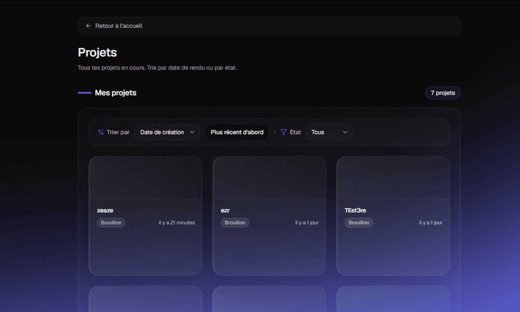 Capture : page projet ou dashboard